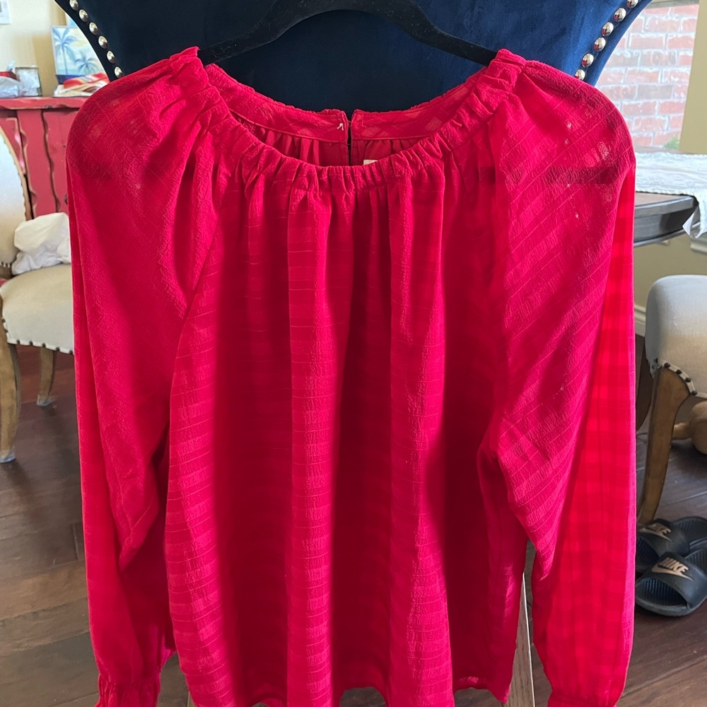LOFT Red Ruffled Long Sleeve Blouse